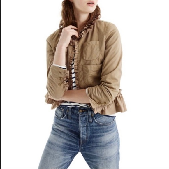 J. Crew Jackets & Blazers - J Crew Tan Frill Peplum Crop Jacket with seersucker lining accents Size 6